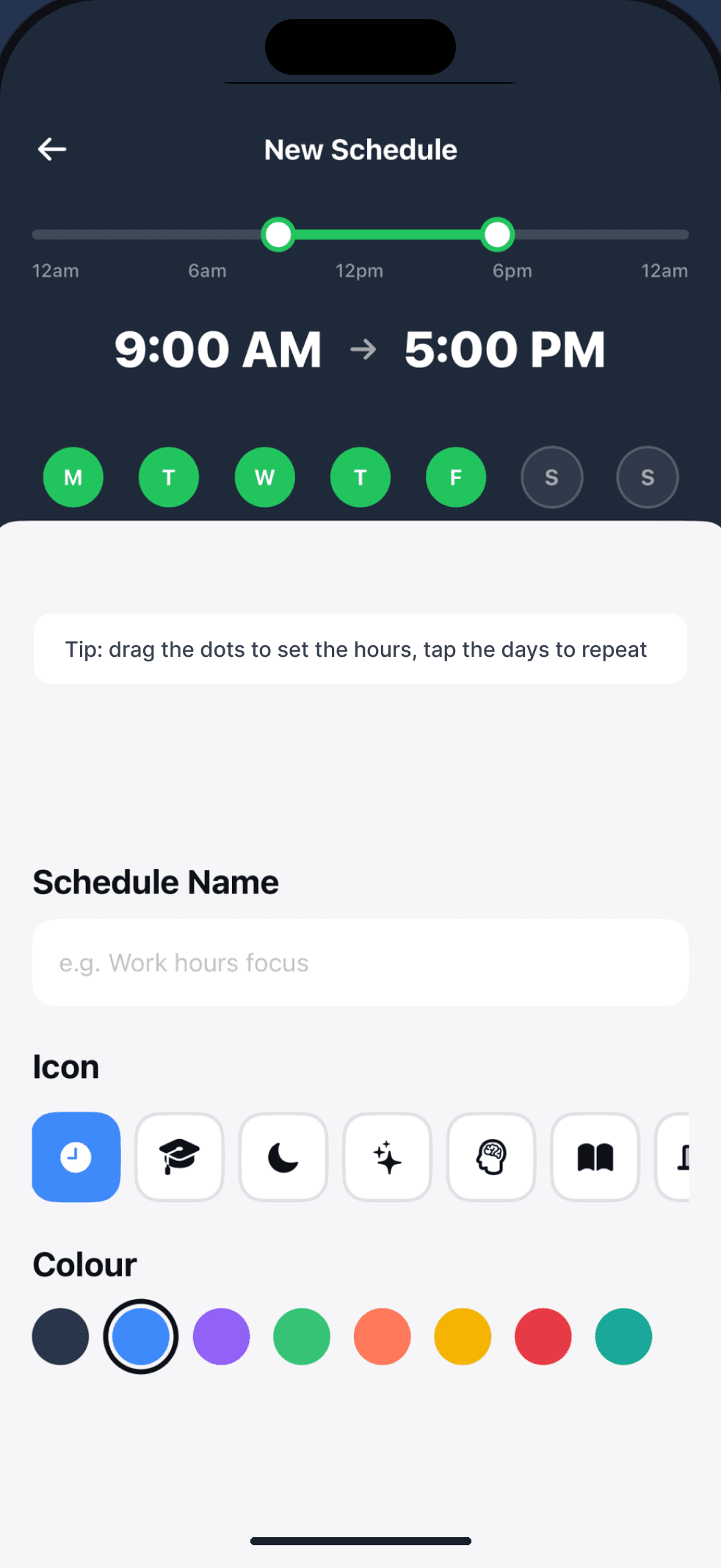 Building a 9-to-5 weekday blocking schedule in MindBack