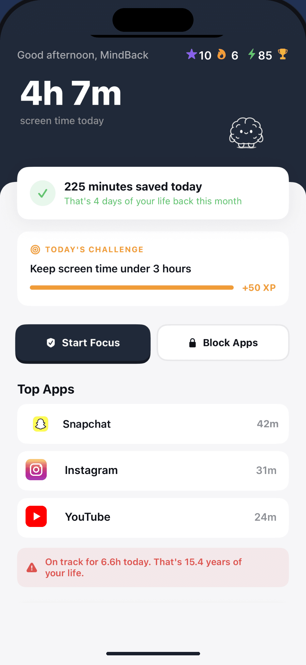 The MindBack home screen showing time saved today and your most-used apps
