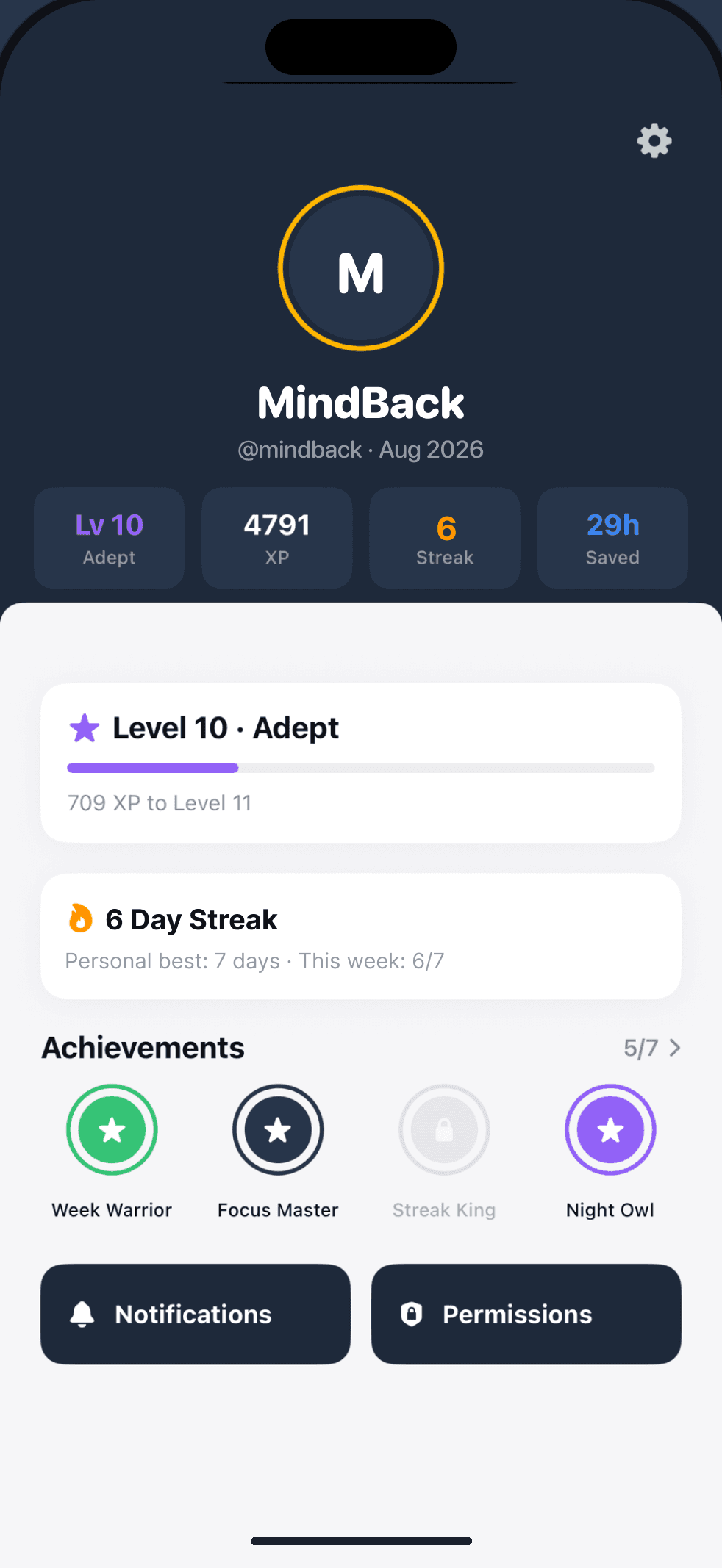 MindBack profile showing hours saved, streak and achievements